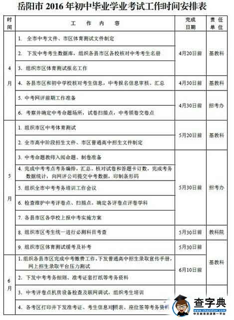 2016湖南岳阳中考工作时间安排表