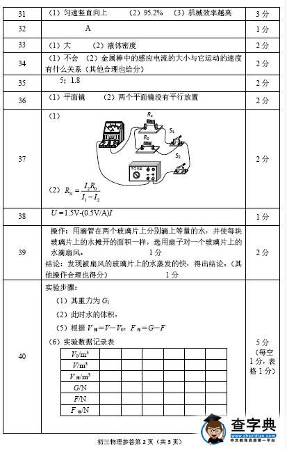 北京石景山区2016中考二模物理答案