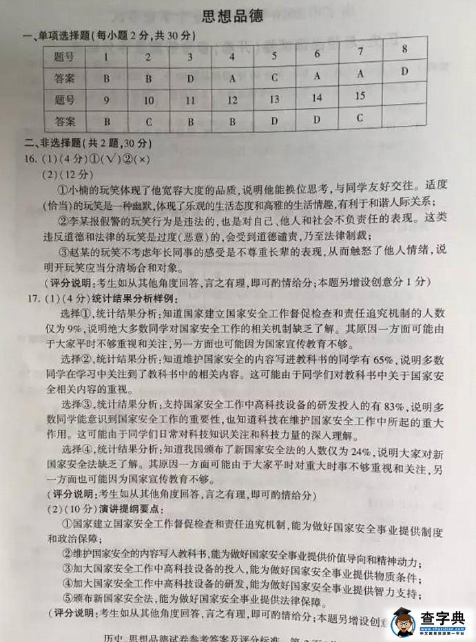 江苏省南京市2016年中考思想品德试题（图片版，含答案）5