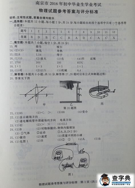 2016江苏南京中考物理试题及答案
