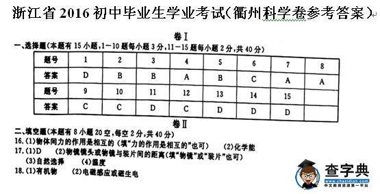 2016浙江衢州中考科学试题及答案