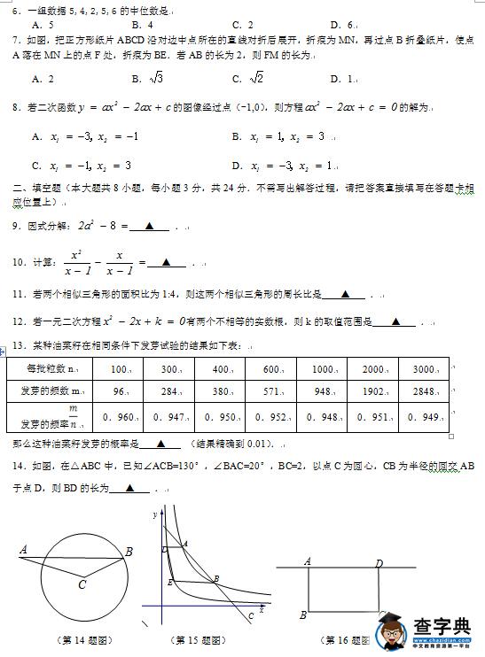 2016江苏宿迁中考数学试题及答案