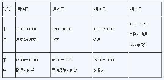 内蒙古呼伦贝尔2017中考时间：6月26日至29日1
