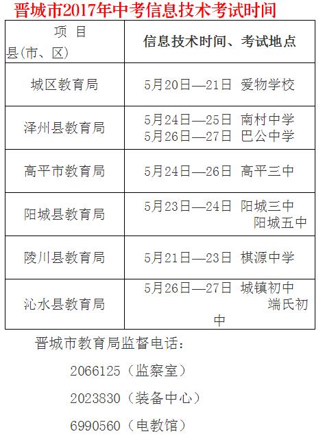 山西晋城2017中考信息技术考试时间安排1