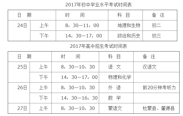2017黑龙江大庆中考考试时间：6月241