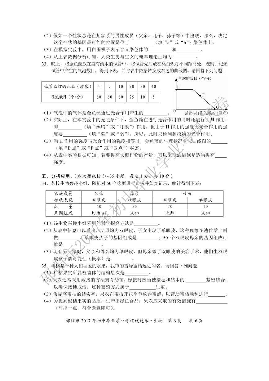 湖南邵阳2017年中考生物试题及参考答案6