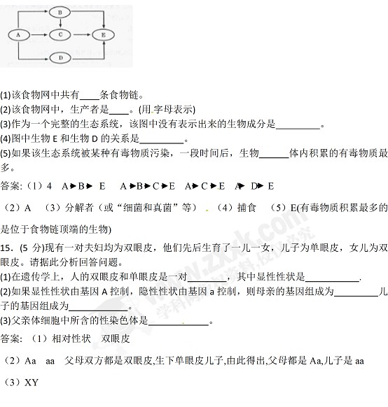 2017甘肃武威中考生物试题及参考答案2