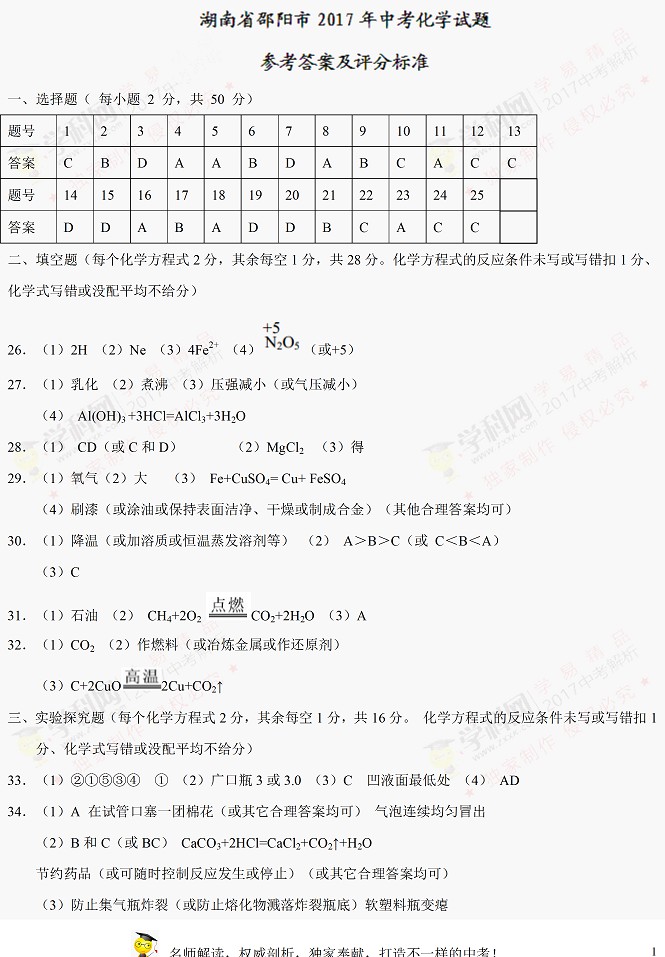 湖南邵阳2017年中考化学试题（含答案）9