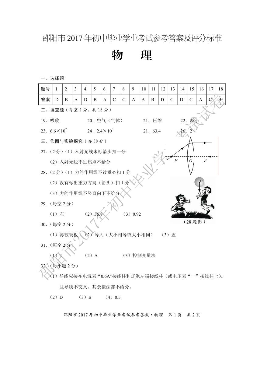 湖南邵阳2017年中考物理试题及参考答案7