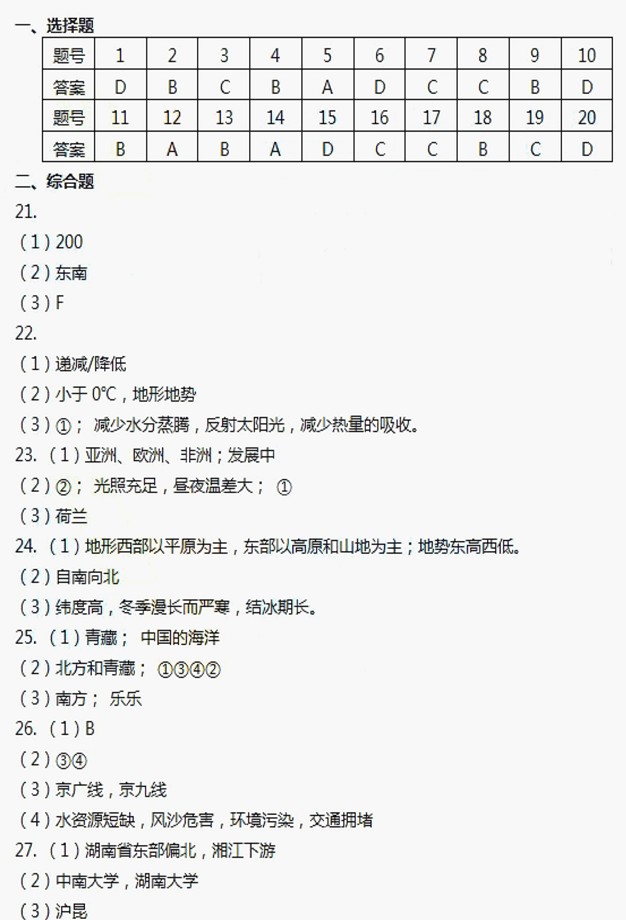 湖南长沙2017年中考地理试题（含答案）7