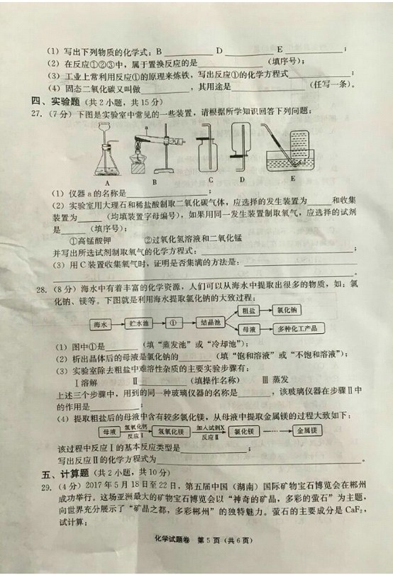 湖南郴州2017年中考化学试题5