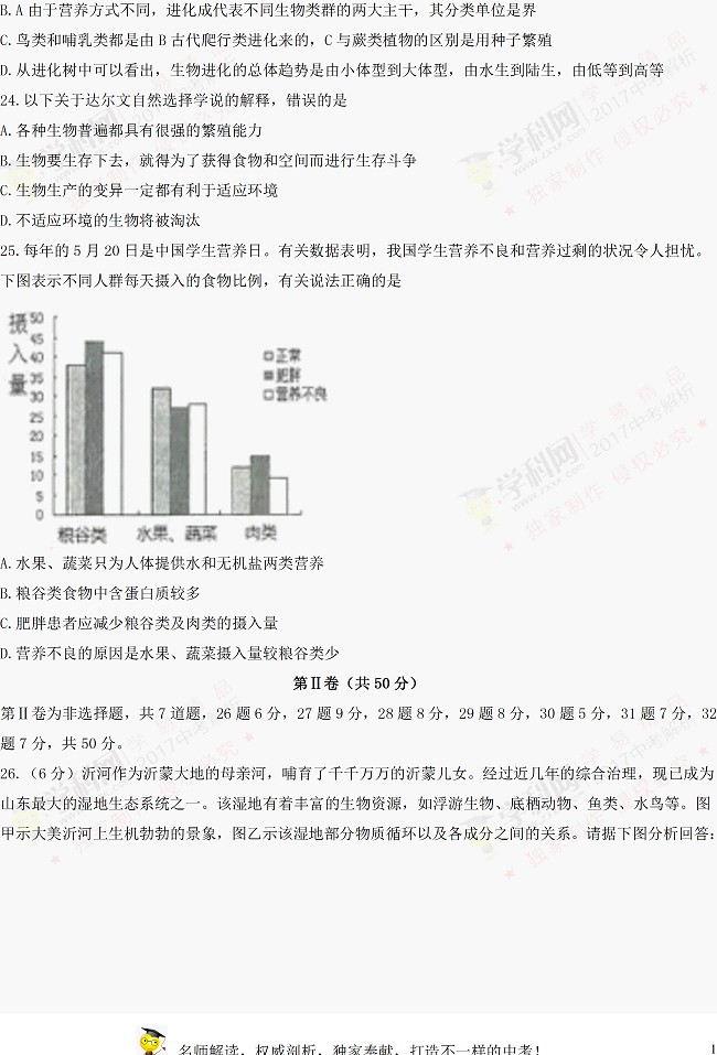 山东临沂2017年中考生物试题及参考答案7