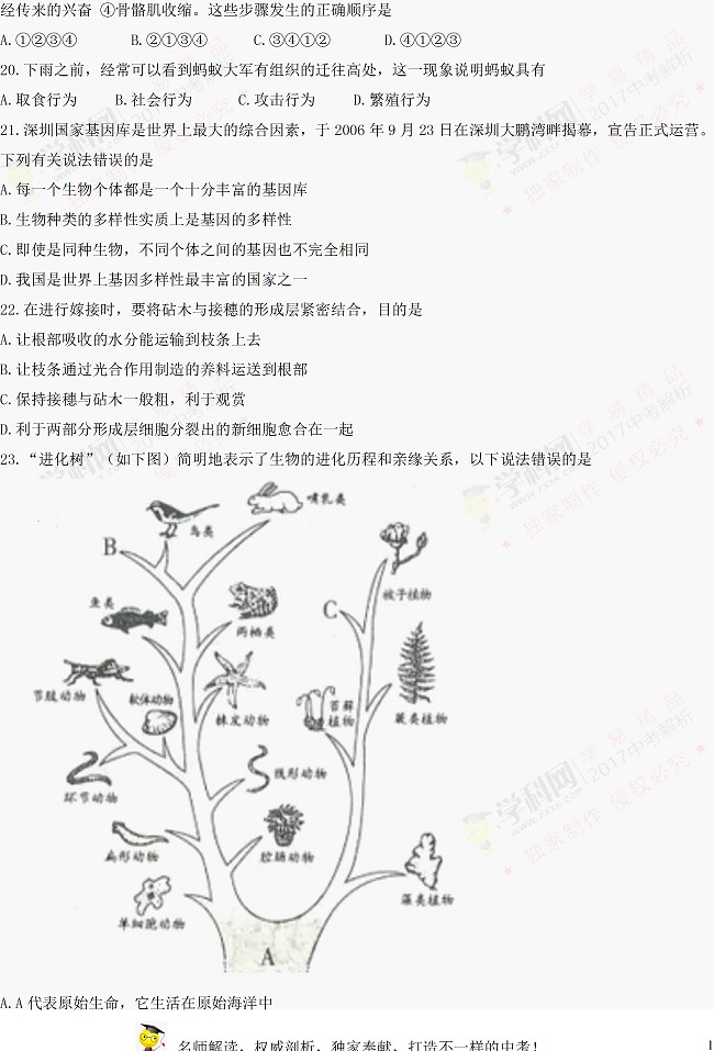 山东临沂2017年中考生物试题及参考答案6