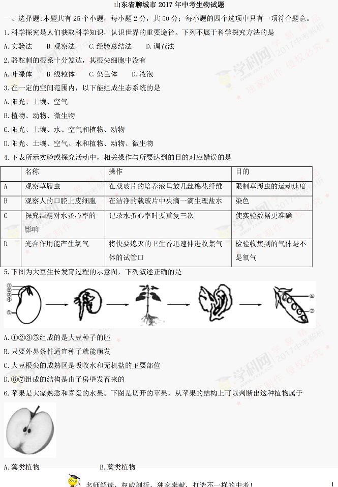 山东聊城2017年中考生物试题及参考答案1