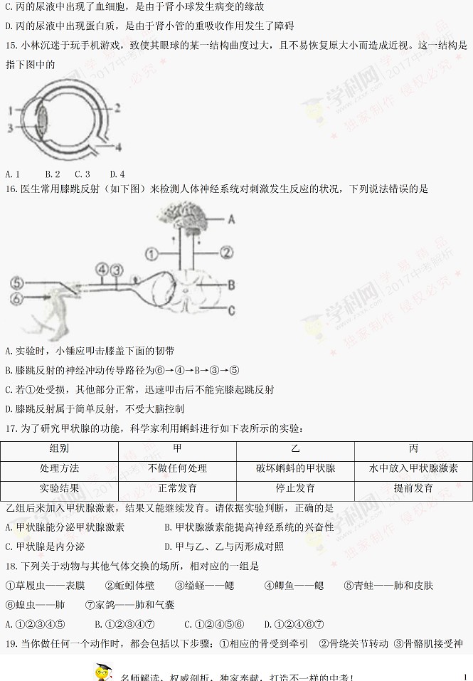 山东临沂2017年中考生物试题及参考答案5
