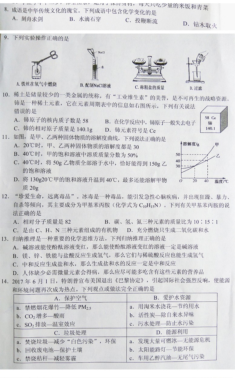 2017湖北随州中考化学试题及答案1