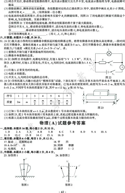 福建2018年中考物理（A）试题及参考答案6