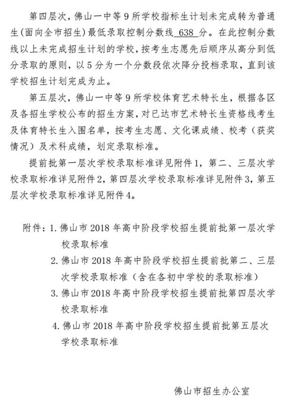 2018年广东佛山中考提前批最低录取分数线公布2
