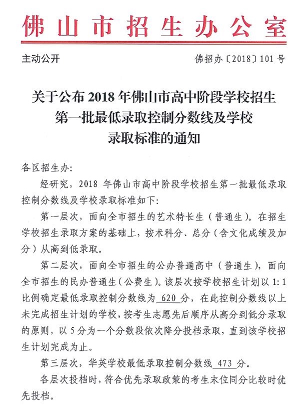 2018年广东佛山中考提前批最低录取分数线公布3