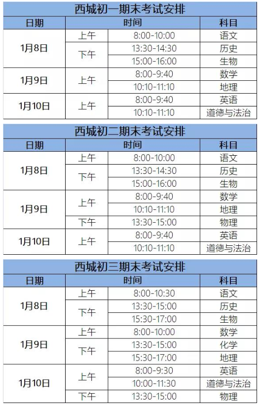 2020北京西城区初三上学期期末考试时间：1月8日至10日1